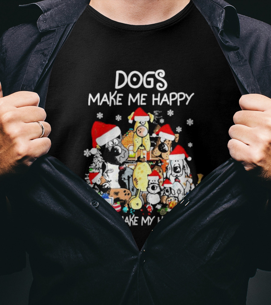 Dogs Make Me Happy Humans Make My Head Hurt Christmas Santa Hat Snowflakes T-Shirt