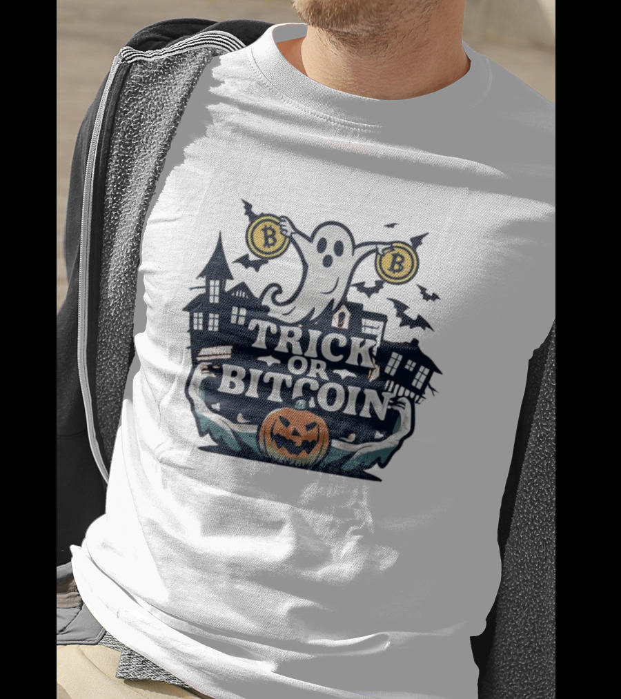 Trick Or Bitcoin Ghost Halloween With Haunted Houses And Pumpkin T-Shirt