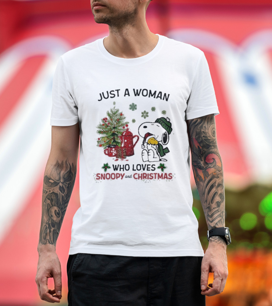 Just A Woman Who Loves Snoopy Hug Woodstock And Christmas T-Shirt