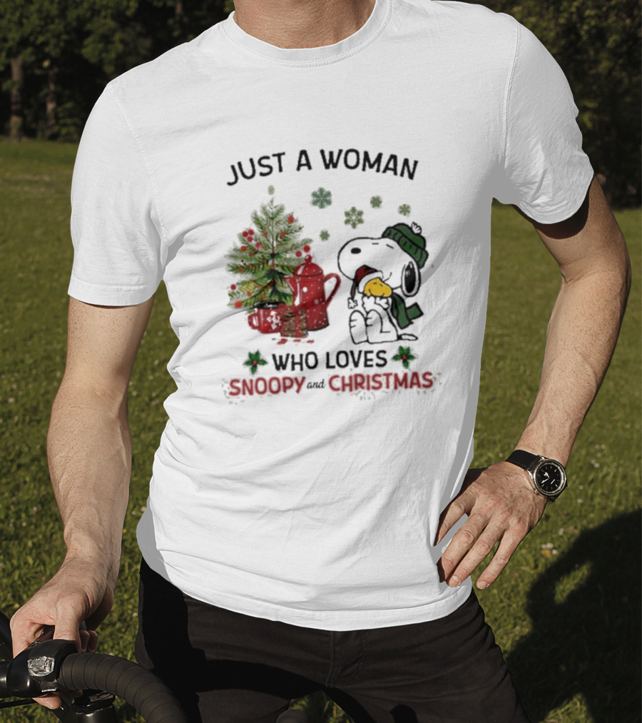 Just A Woman Who Loves Snoopy Hug Woodstock And Christmas T-Shirt