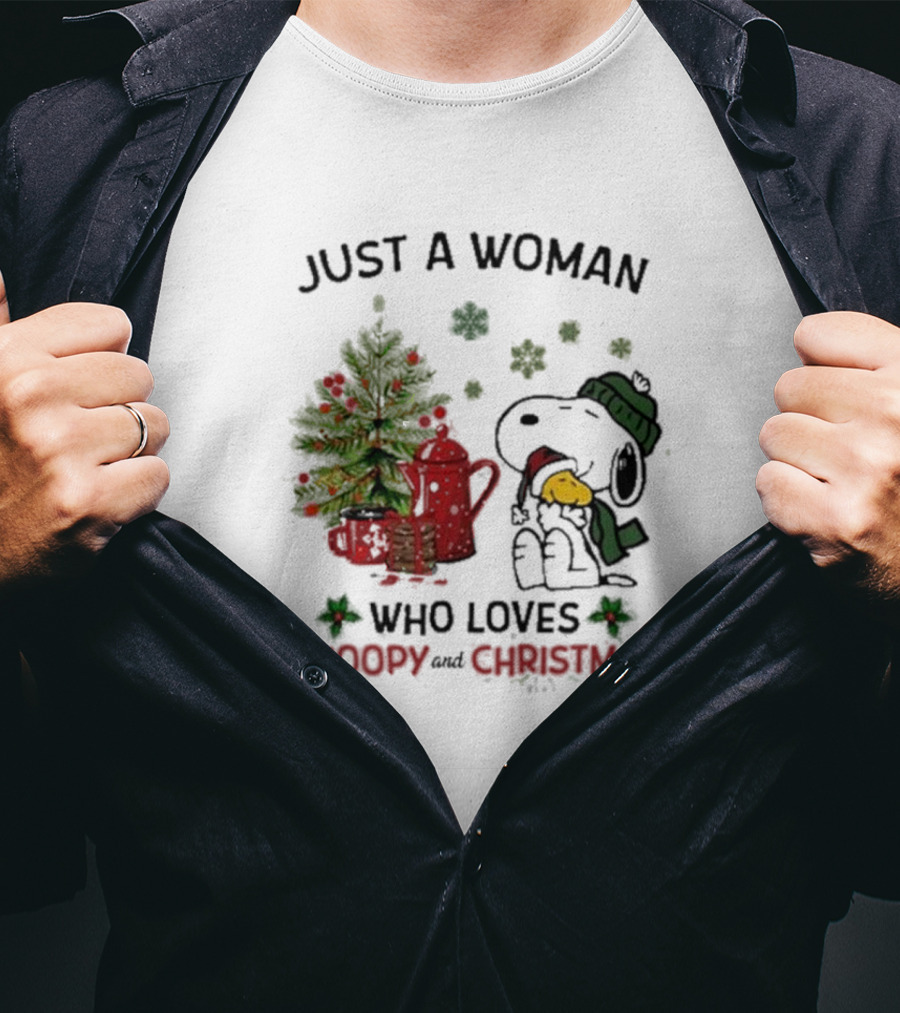 Just A Woman Who Loves Snoopy Hug Woodstock And Christmas T-Shirt