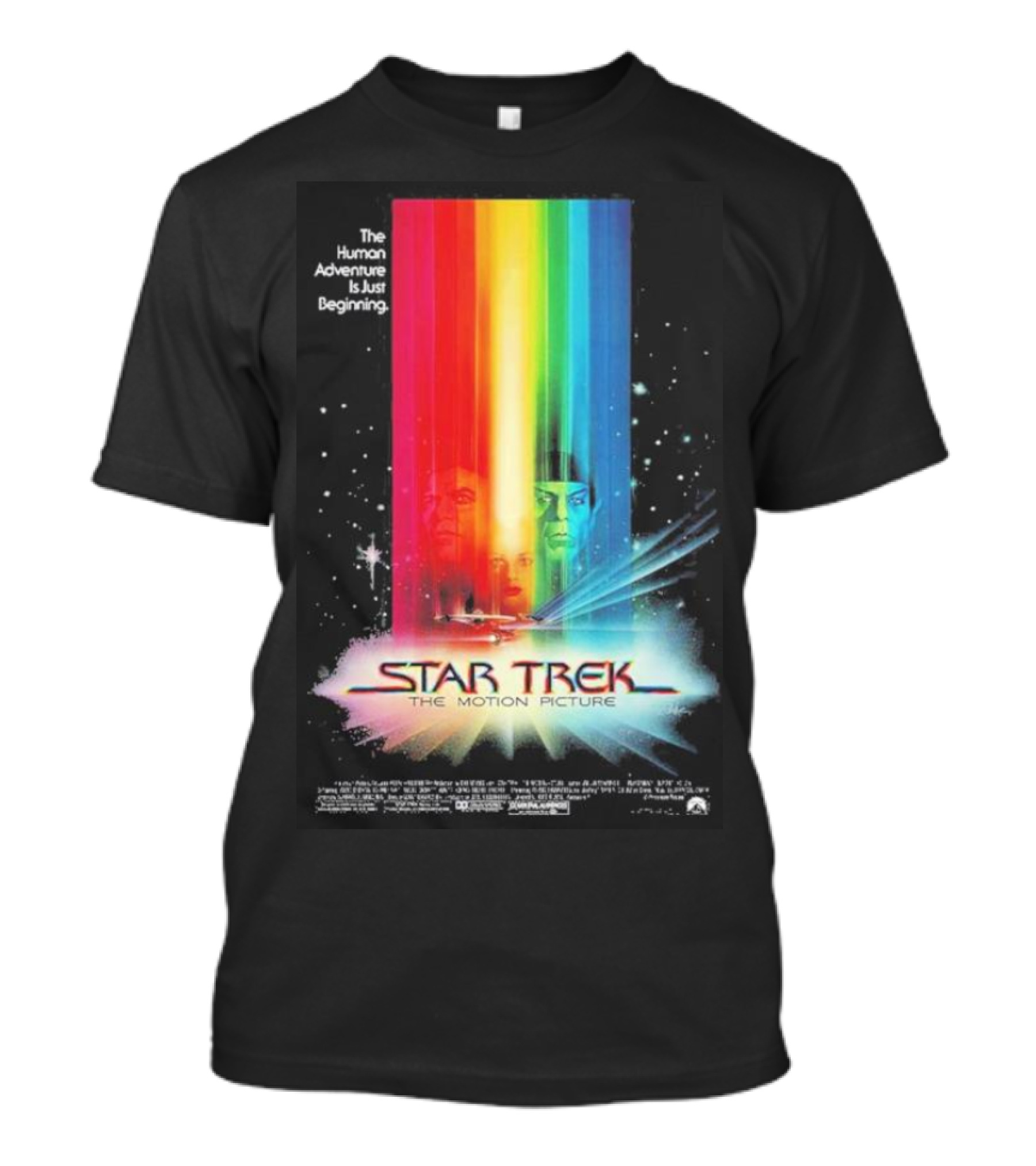 Star Trek The Motion Picture The Human Adventure Is Just Beginning Colorful Light Beams And Starry Background T-Shirt