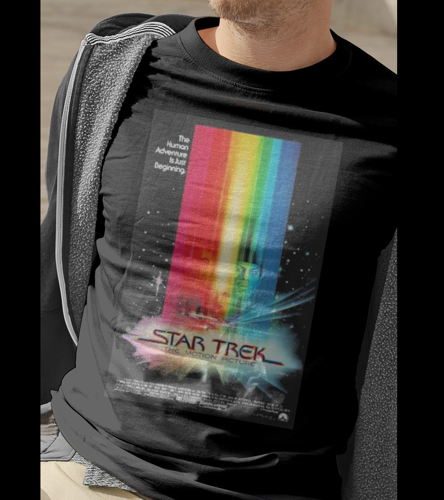 Star Trek The Motion Picture The Human Adventure Is Just Beginning Colorful Light Beams And Starry Background T-Shirt