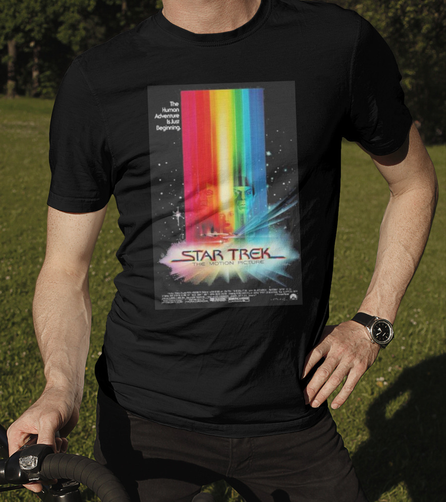 Star Trek The Motion Picture The Human Adventure Is Just Beginning Colorful Light Beams And Starry Background T-Shirt