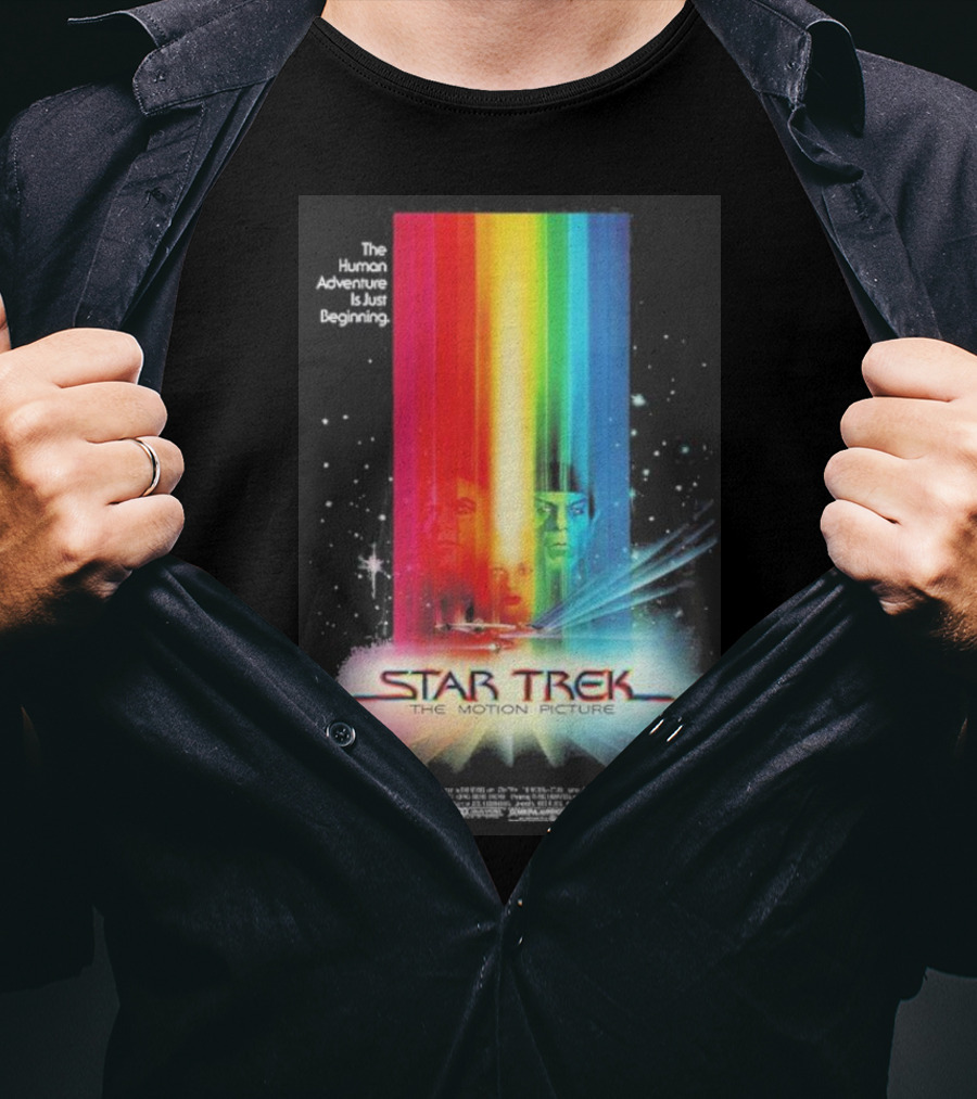 Star Trek The Motion Picture The Human Adventure Is Just Beginning Colorful Light Beams And Starry Background T-Shirt