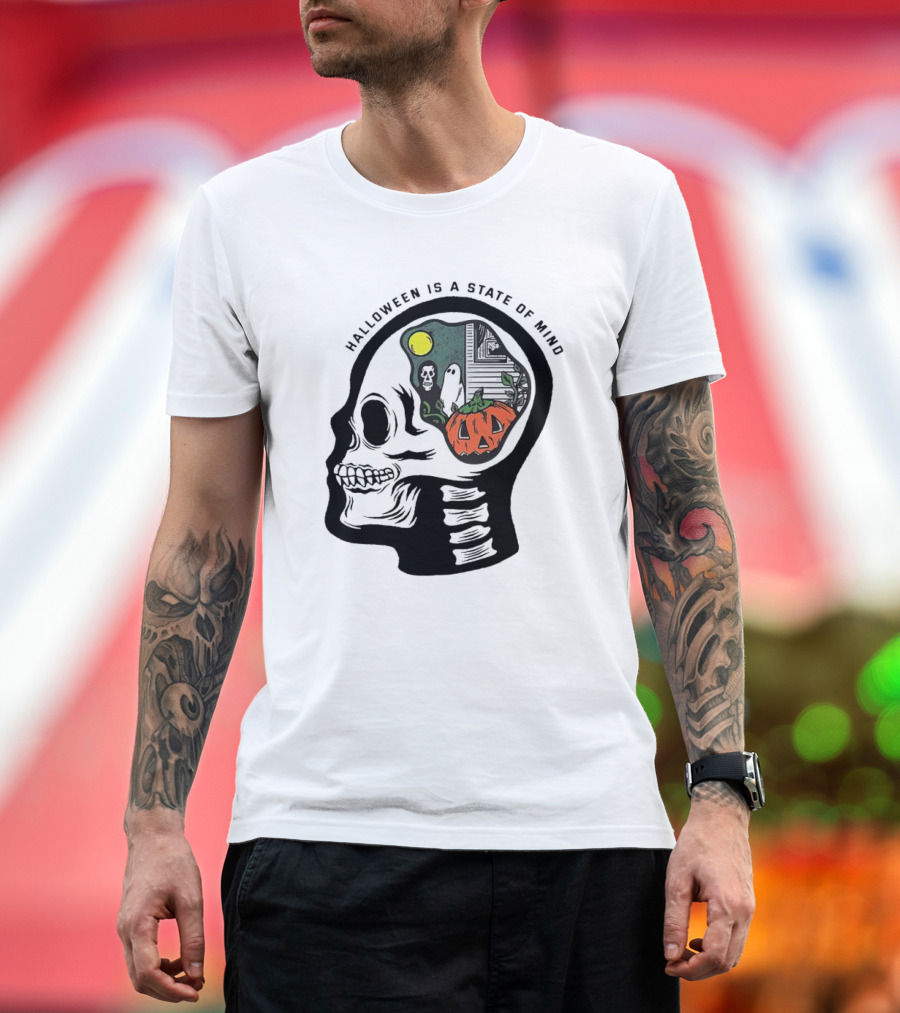 Halloween is a State of Mind Skull with Pumpkin and Ghosts T-Shirt