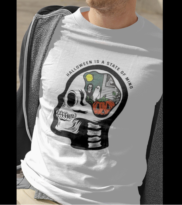 Halloween Is A State Of Mind Skull With Pumpkin And Ghosts T-Shirt