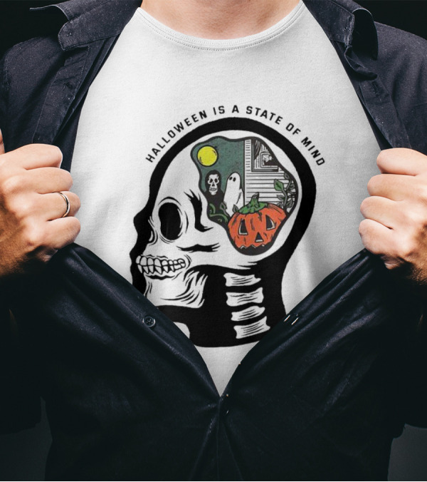 Halloween Is A State Of Mind Skull With Pumpkin And Ghosts T-Shirt