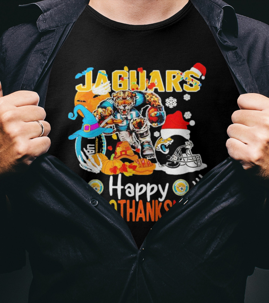 Jaguars Mascot Happy Hallothanksmas Football Halloween Thanksgiving Christmas T-Shirt