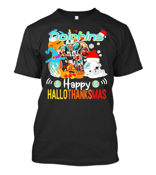 Miami Dolphins Mascot Happy Hallothanksmas Football Festive T-Shirt