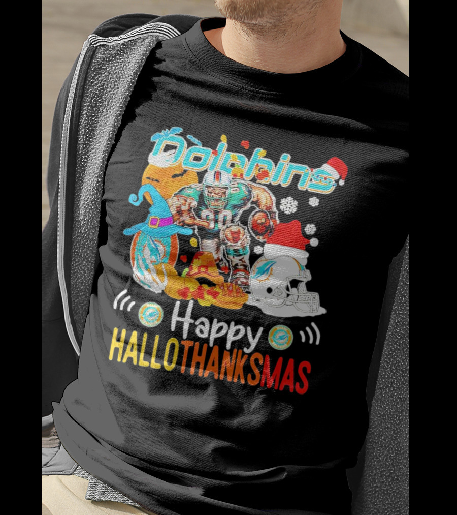 Miami Dolphins Mascot Happy Hallothanksmas Football Festive T-Shirt