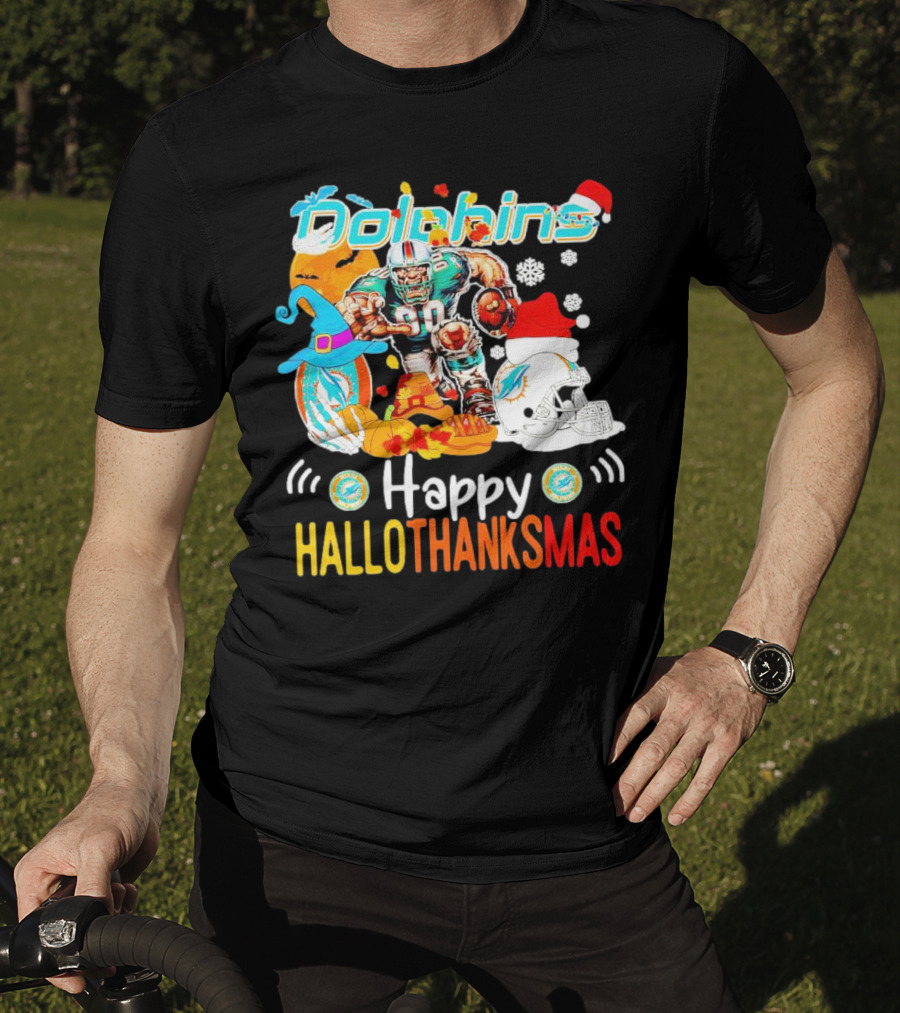 Miami Dolphins Mascot Happy Hallothanksmas Football Festive T-Shirt