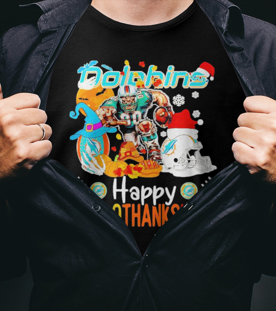 Miami Dolphins Mascot Happy Hallothanksmas Football Festive T-Shirt