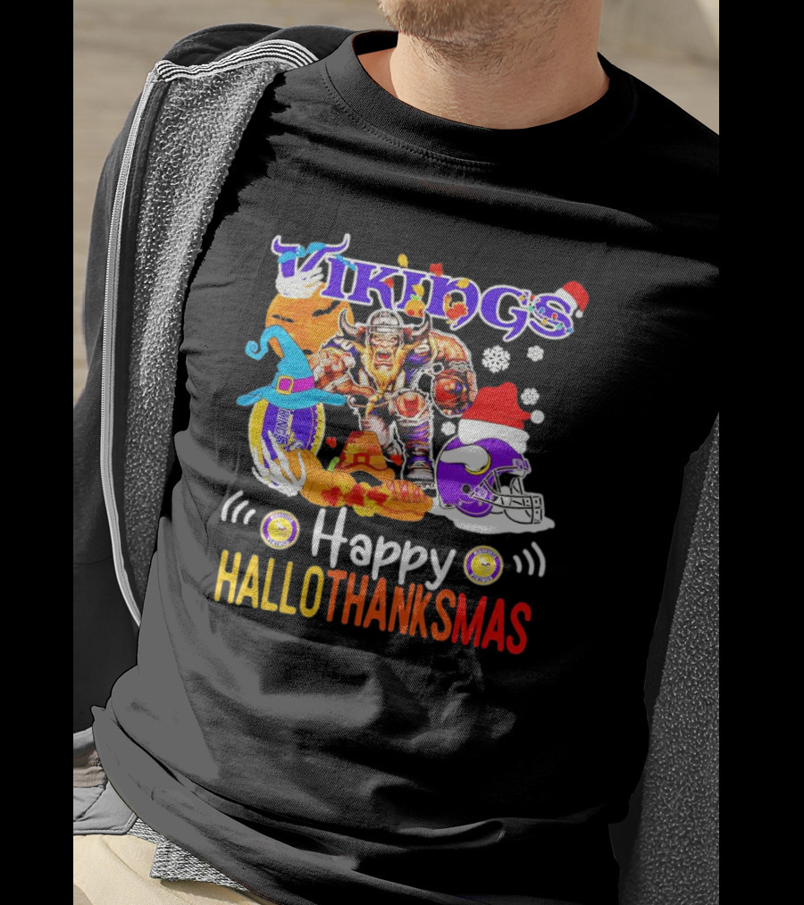 Vikings Mascot Happy Hallothanksmas Festive Football T-Shirt