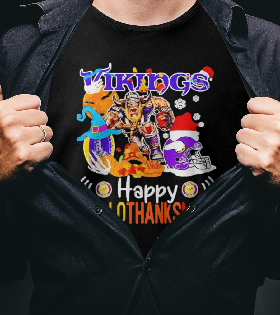 Vikings Mascot Happy Hallothanksmas Festive Football T-Shirt