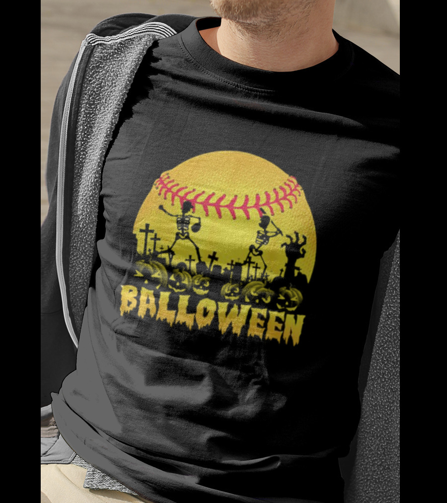Balloween Softball Halloween Pumpkin Skeletons Graveyard T-Shirt