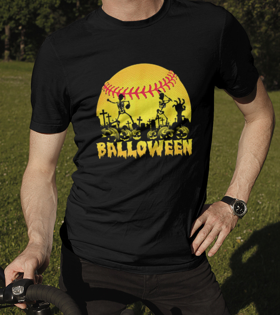 Balloween Softball Halloween Pumpkin Skeletons Graveyard T-Shirt