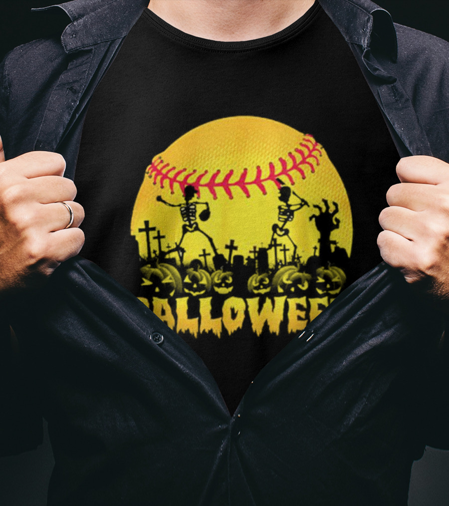 Balloween Softball Halloween Pumpkin Skeletons Graveyard T-Shirt