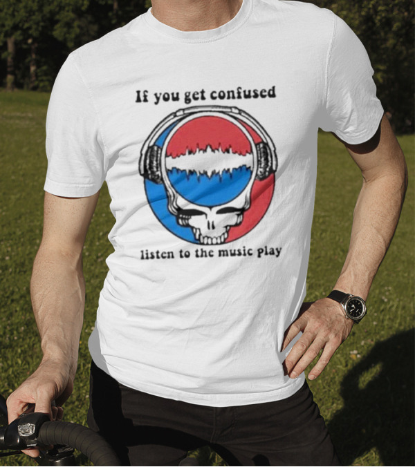 If You Get Confused Listen To The Music Play Skull With Headphones Red And Blue Soundwave T-Shirt