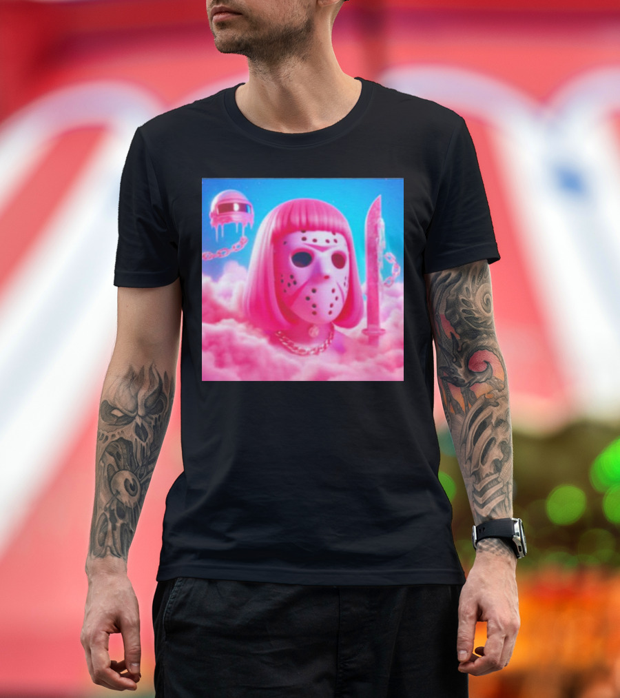Pink Friday The 13th Jason Hockey Mask and Knife in Pink Clouds T-Shirt