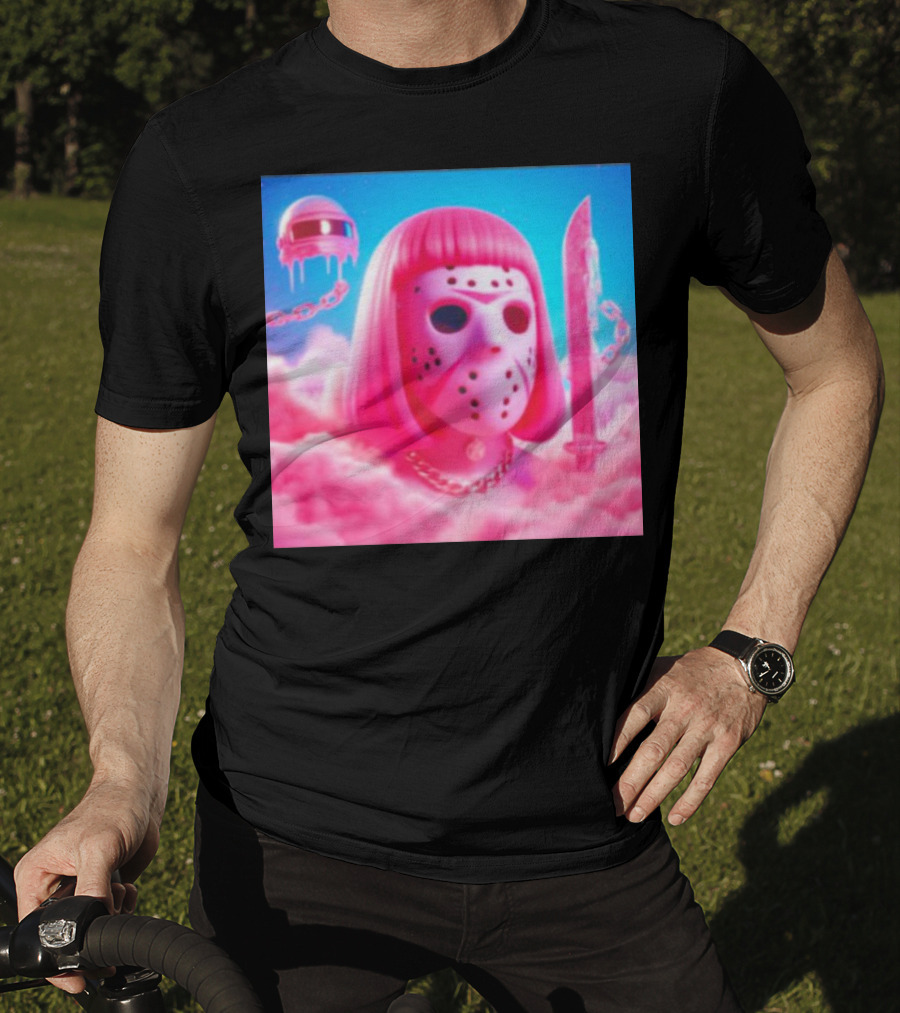 Pink Friday The 13th Jason Hockey Mask And Knife In Pink Clouds T-Shirt