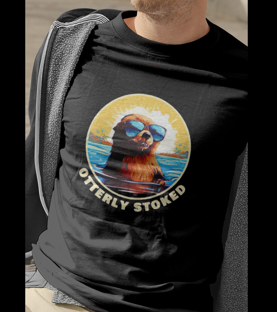 Otterly Stoked Sunglasses Otter With Tropical Ocean Background T-Shirt