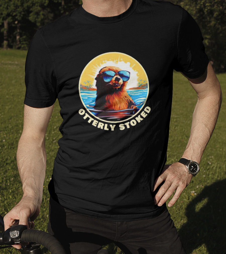 Otterly Stoked Sunglasses Otter With Tropical Ocean Background T-Shirt