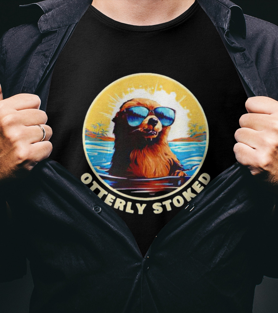 Otterly Stoked Sunglasses Otter With Tropical Ocean Background T-Shirt