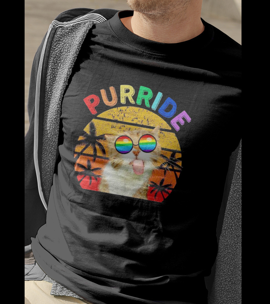 Purride Cat Tongue Out Rainbow Sunglasses Palm Trees Vintage Sunset T-Shirt
