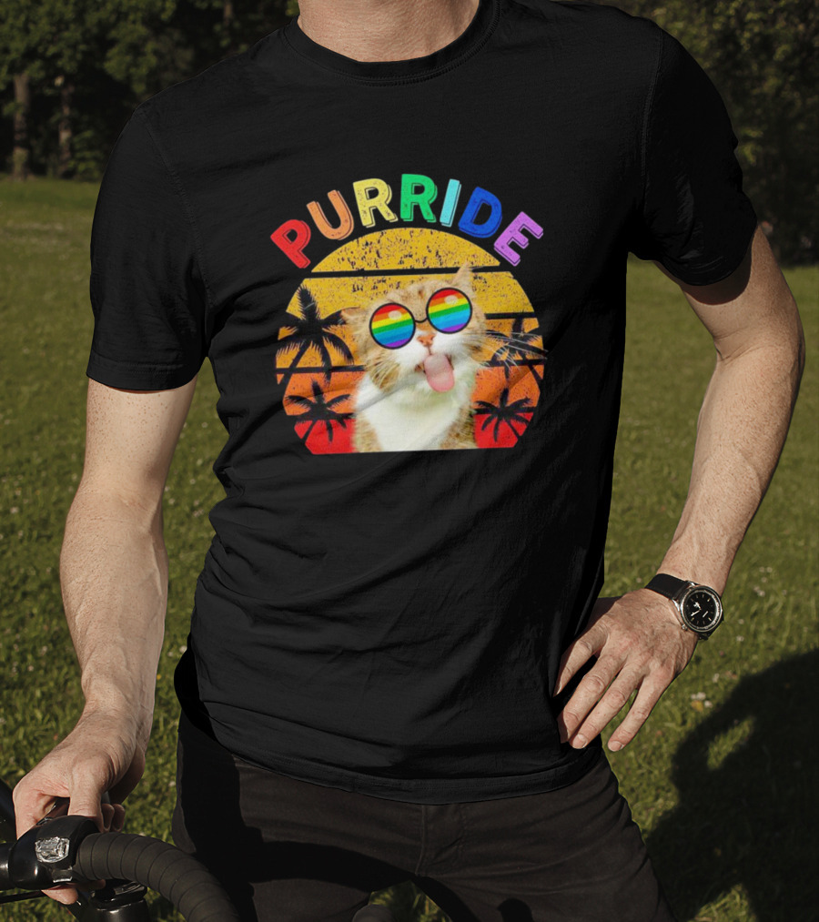 Purride Cat Tongue Out Rainbow Sunglasses Palm Trees Vintage Sunset T-Shirt