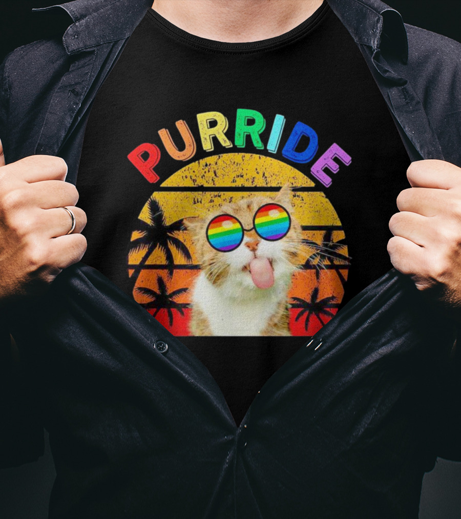 Purride Cat Tongue Out Rainbow Sunglasses Palm Trees Vintage Sunset T-Shirt