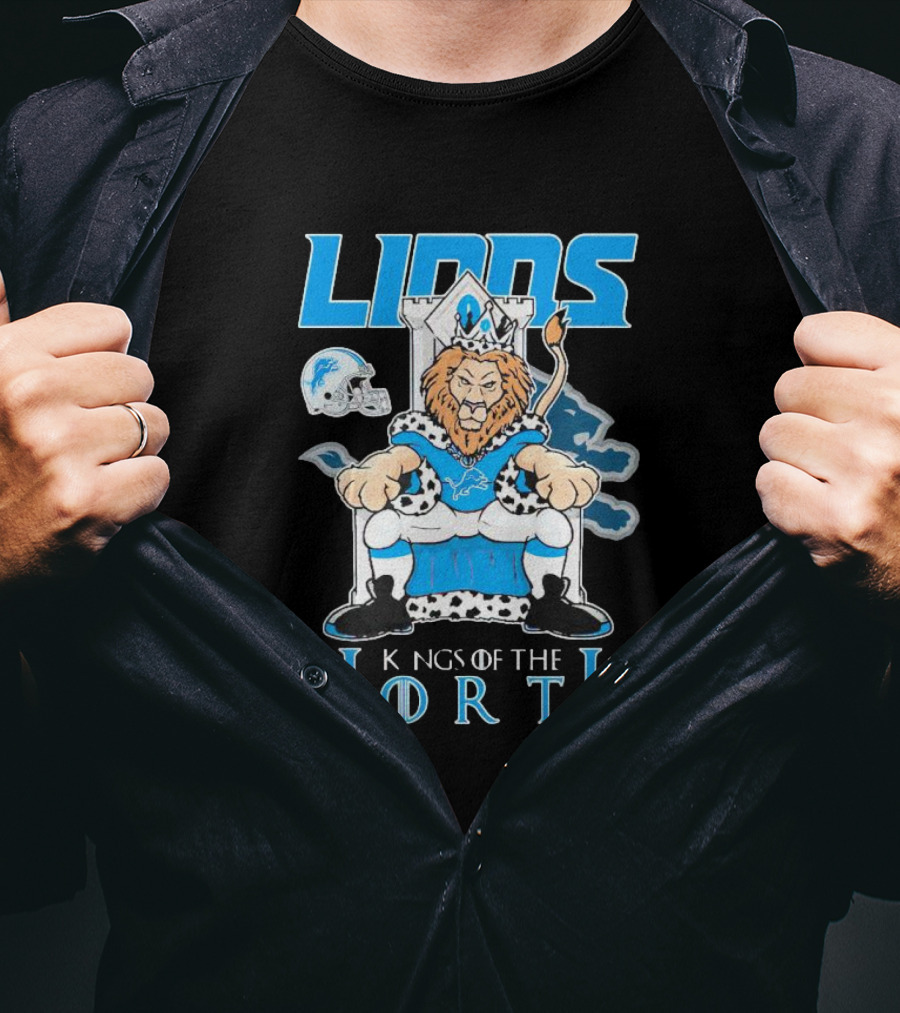Detroit Lions Kings Of The North Mascot Roaring On Throne With Helmet T-Shirt