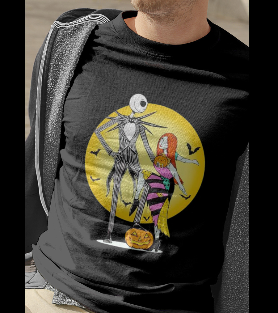 Jack And Sally Halloween Pumpkin Scene With Bats In The Nightmare Before Rumours T-Shirt