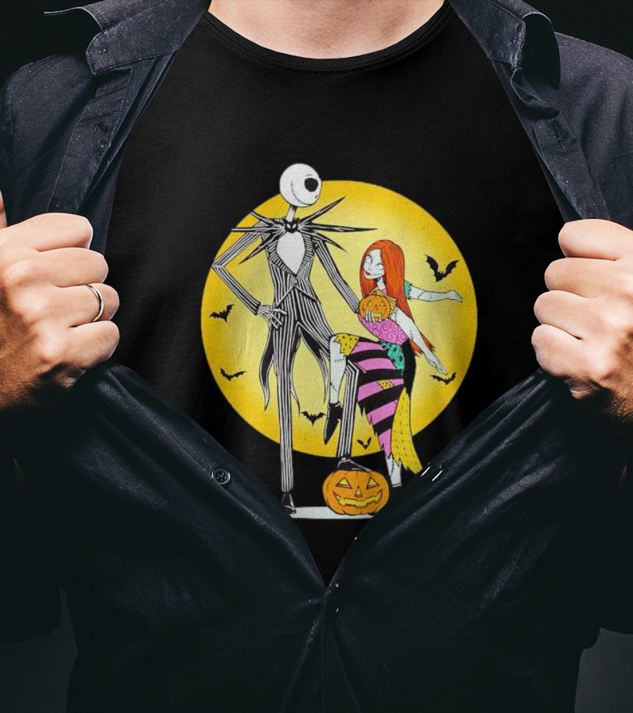 Jack And Sally Halloween Pumpkin Scene With Bats In The Nightmare Before Rumours T-Shirt