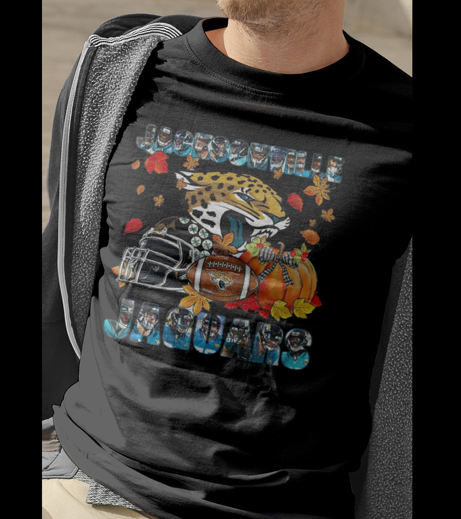 Jacksonville Jaguars Autumn Football Helmet And Pumpkin Leaves T-Shirt