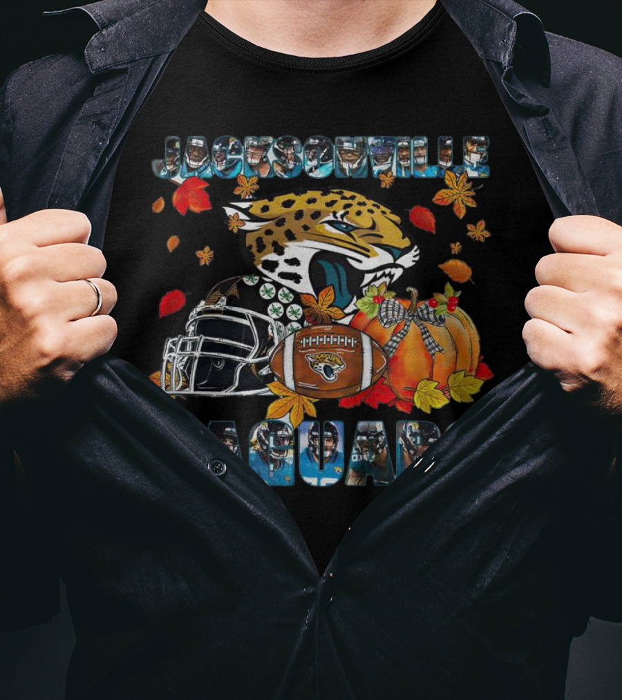 Jacksonville Jaguars Autumn Football Helmet And Pumpkin Leaves T-Shirt