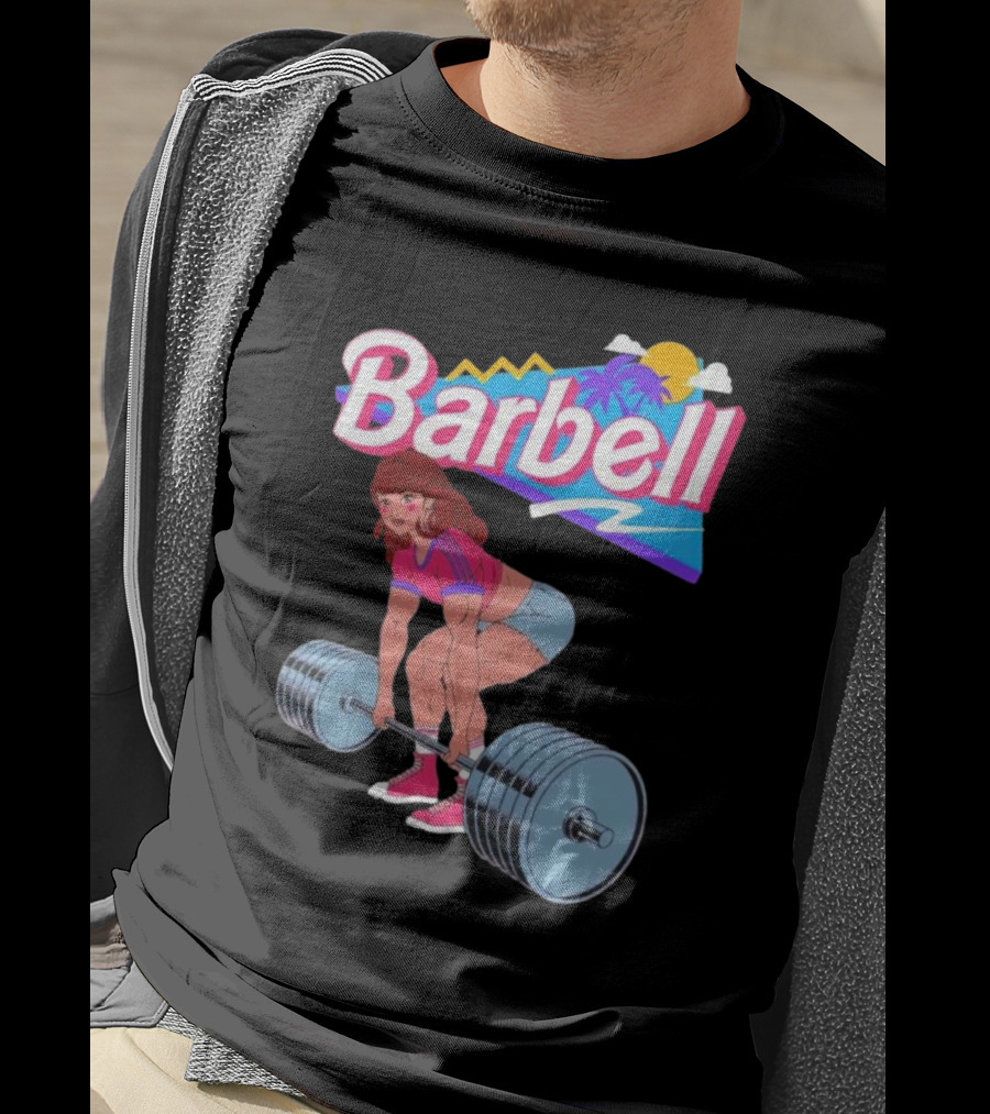 Barbell Brunette Retro Workout With Tropical Sunset And 80s Vibes T-Shirt