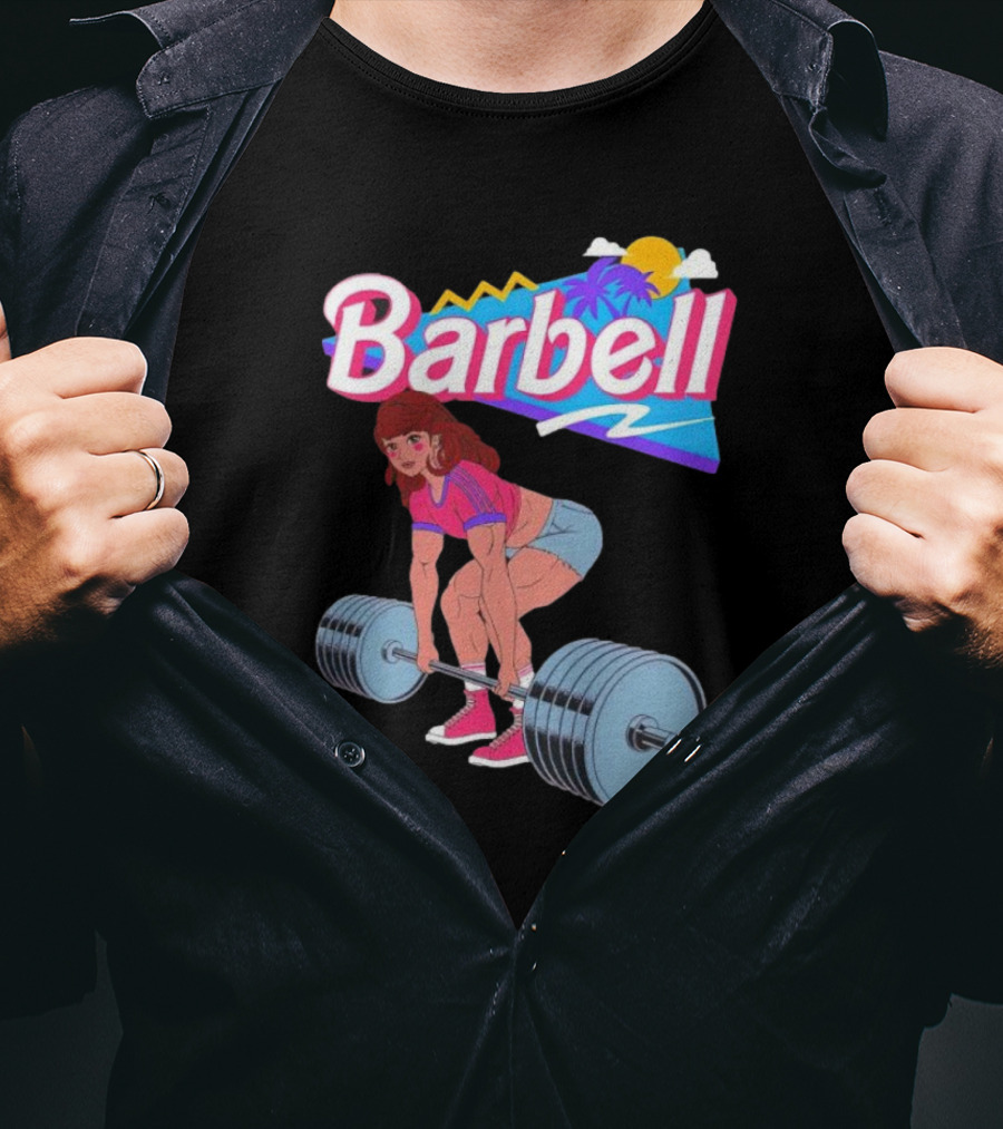 Barbell Brunette Retro Workout With Tropical Sunset And 80s Vibes T-Shirt