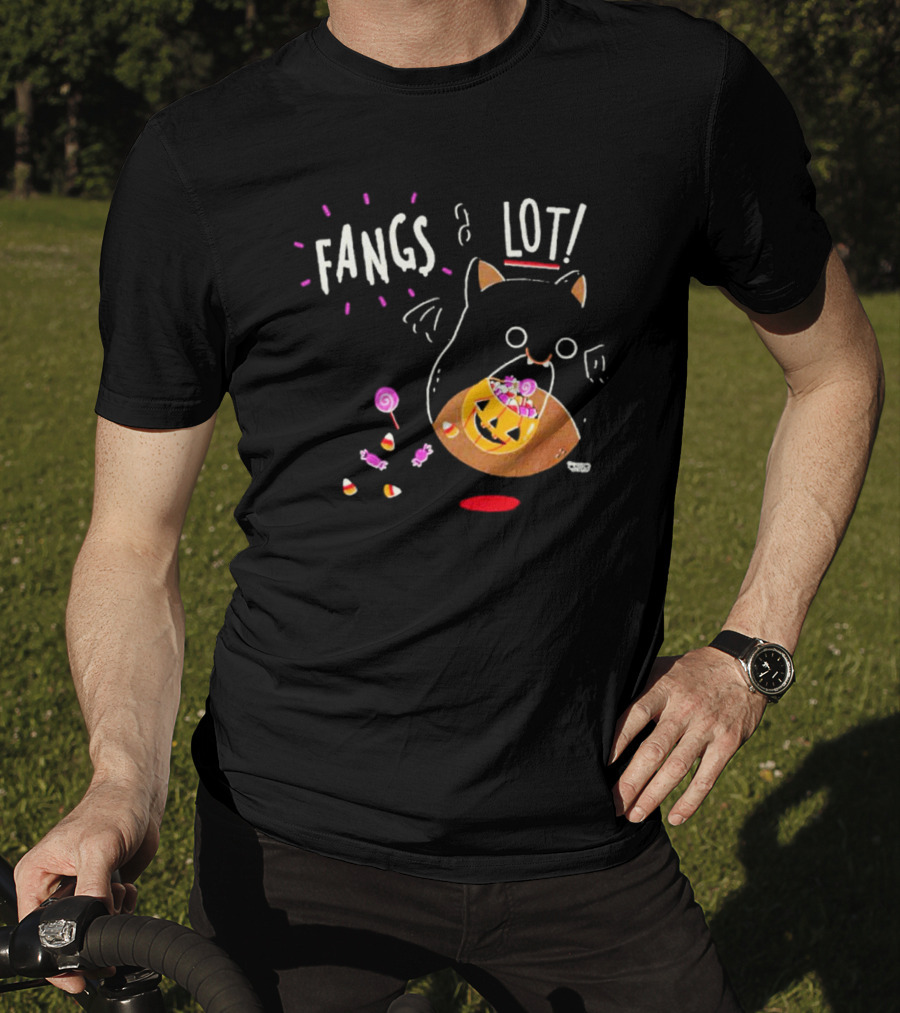 Fangs A Lot Cat With Halloween Candy And Jack-O'-Lantern T-Shirt