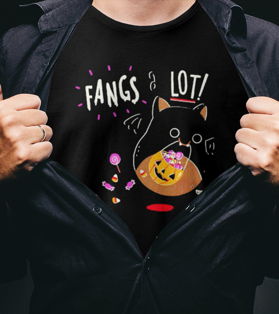 Fangs A Lot Cat With Halloween Candy And Jack-O'-Lantern T-Shirt