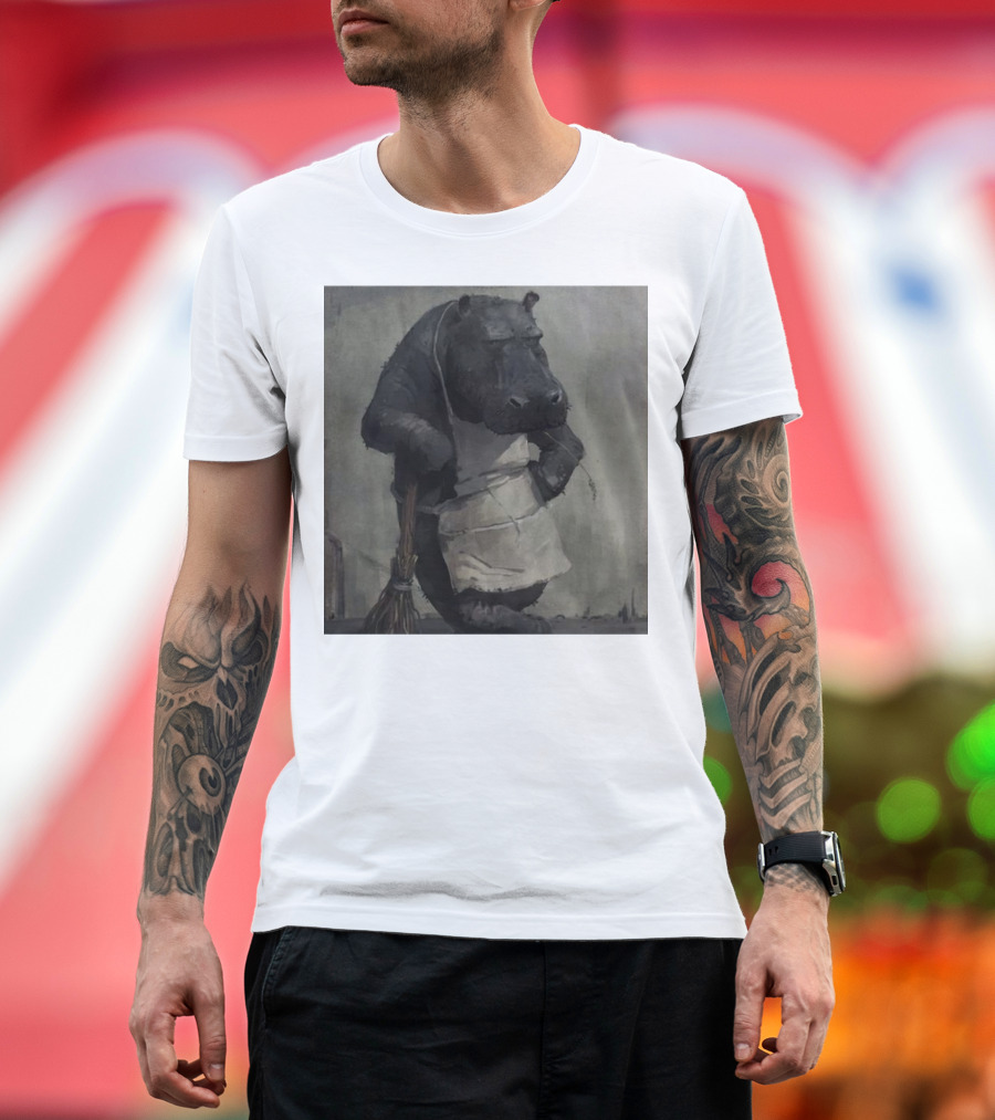 Hippo in Apron Holding Broom T-Shirt