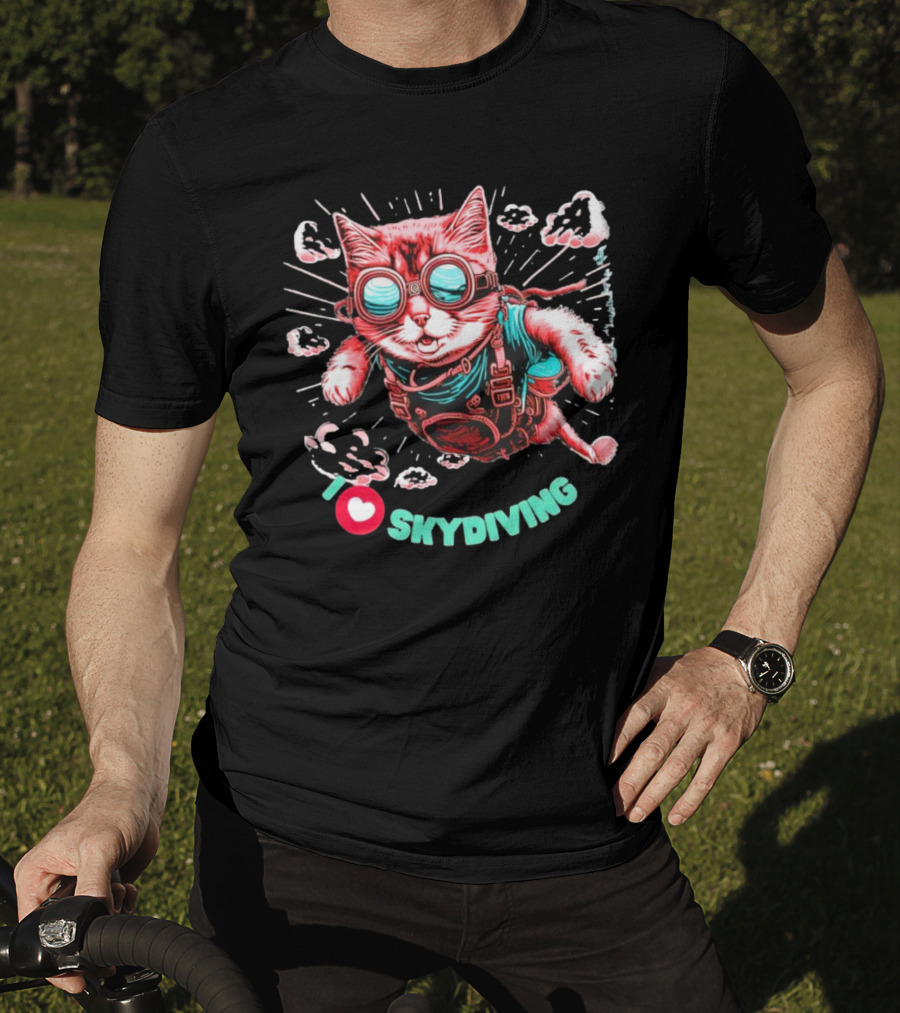 I Love Skydiving Cat With Goggles And Clouds T-Shirt