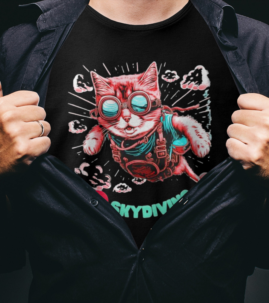 I Love Skydiving Cat With Goggles And Clouds T-Shirt