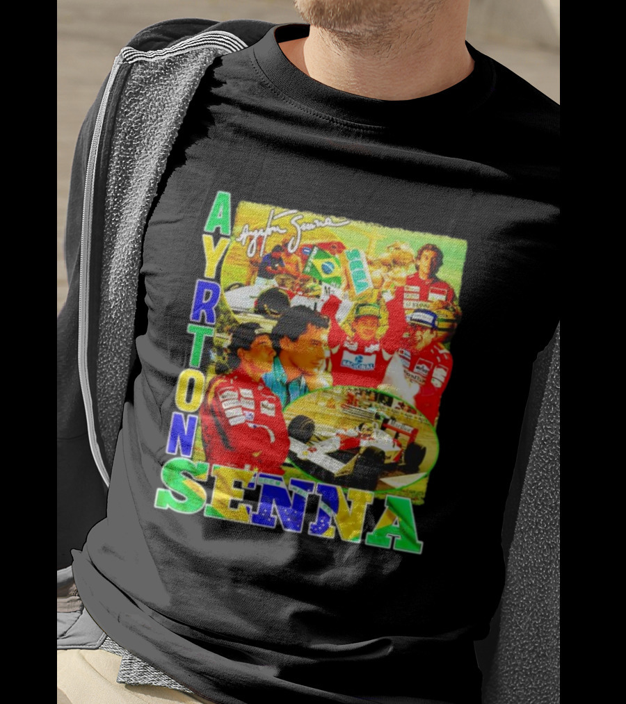Ayrton Senna Signature Celebration Collage With Brazilian Flag Colors T-Shirt