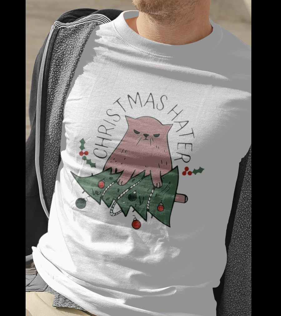 Christmas Hater Angry Cat With Broken Tree And Holly Decorations T-Shirt