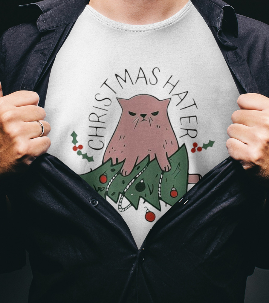 Christmas Hater Angry Cat With Broken Tree And Holly Decorations T-Shirt
