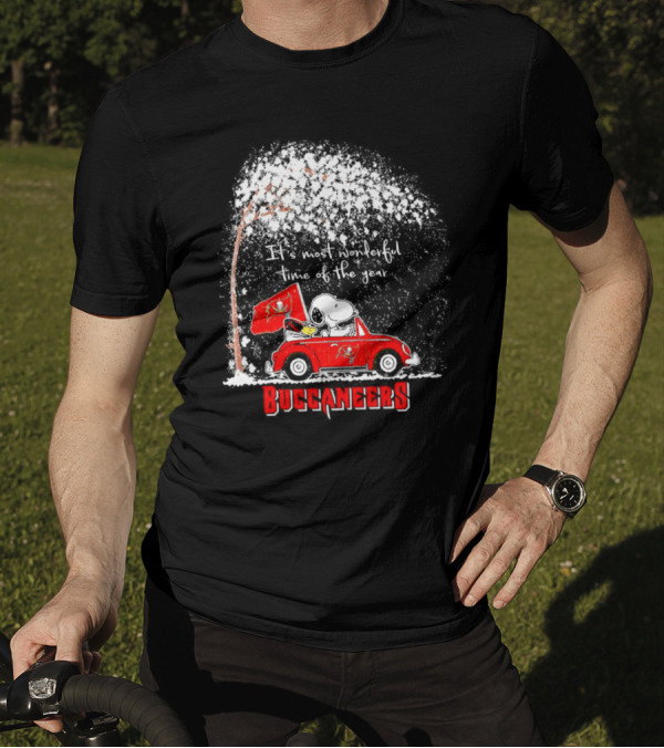 Snoopy And Woodstock Buccaneers It's Most Wonderful Time Of The Year Winter Scene T-Shirt