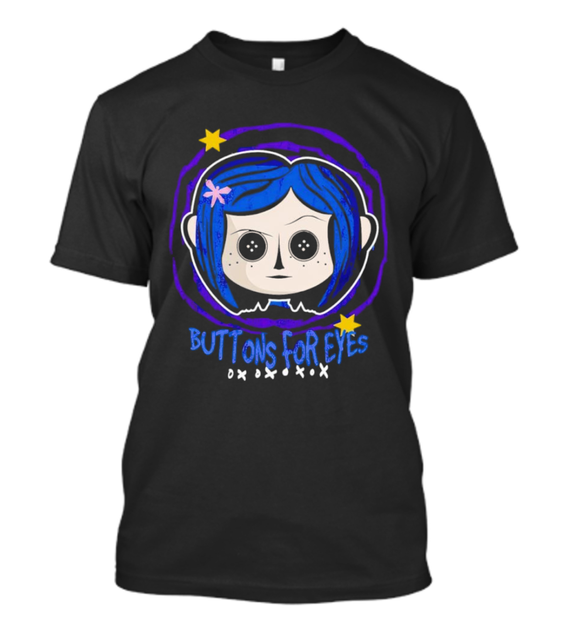 Buttons For Eyes Blue Haired Character With Stars T-Shirt