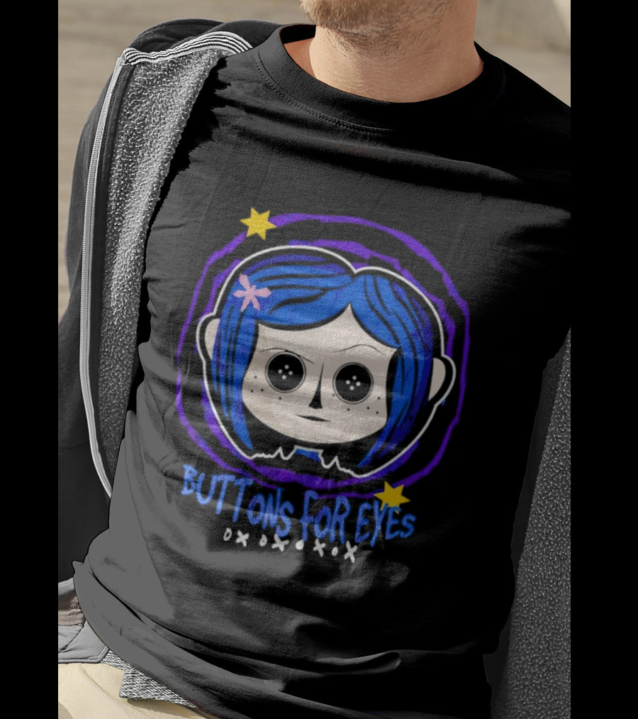 Buttons For Eyes Blue Haired Character With Stars T-Shirt