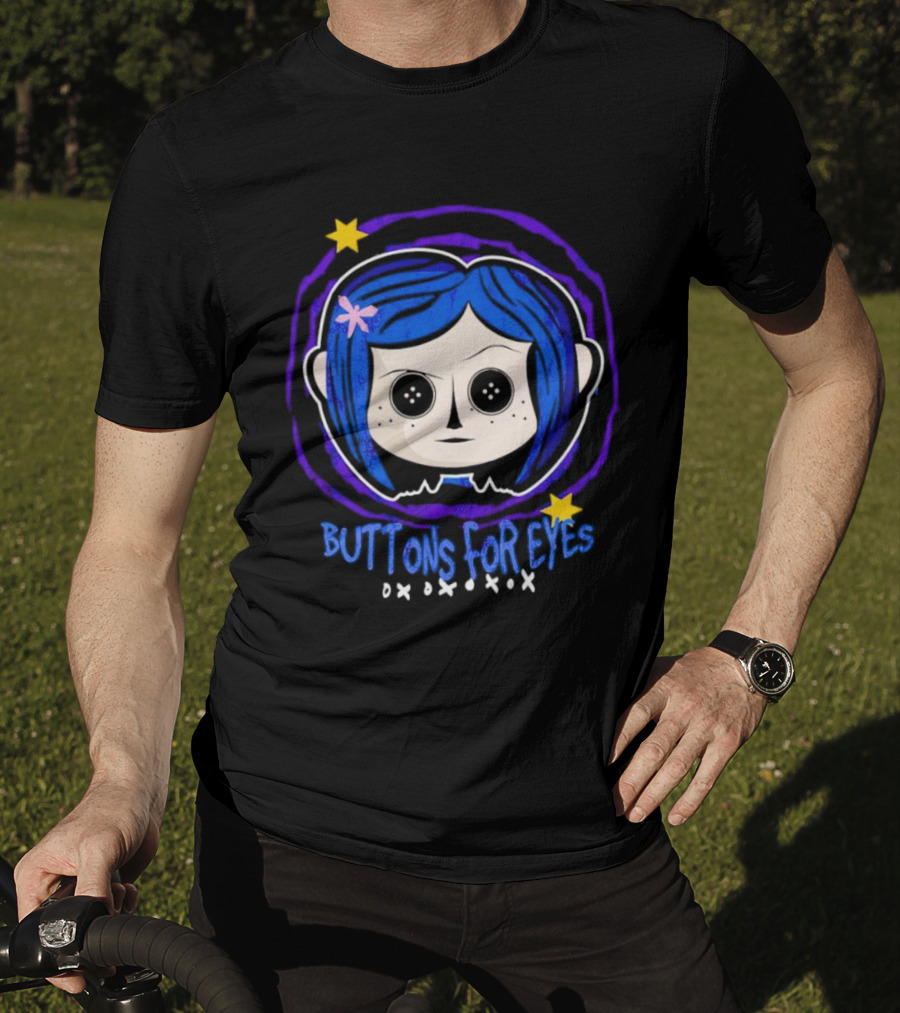Buttons For Eyes Blue Haired Character With Stars T-Shirt